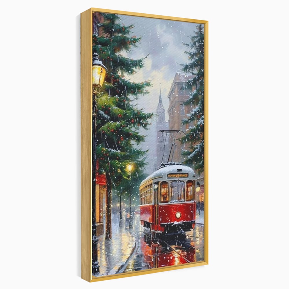 Tablou canvas cu pictura cu tramvai rosu in ninsoare, in rama de aluminiu auriu